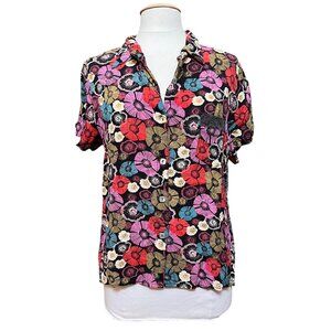 Loco Lindo Vtg Womens Bright Floral Print Button Up Shirt L Rayon Short Sleeve